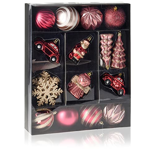 com-four® 20-teiliges Set Hängedeko Weihnachten - Christbaumkugeln in verschiedenen Formen aus bruchsicherem Kunststoff für Weihnachten - Christbaumschmuck (Burgund - 20-teilig) von com-four