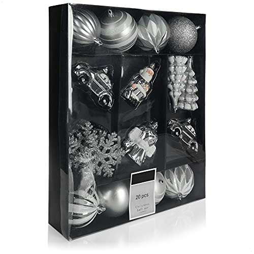 com-four® 20-teiliges Set Hängedeko Weihnachten - Christbaumkugeln in verschiedenen Formen aus bruchsicherem Kunststoff für Weihnachten - Christbaumschmuck (silberfarben - 20-teilig) von com-four