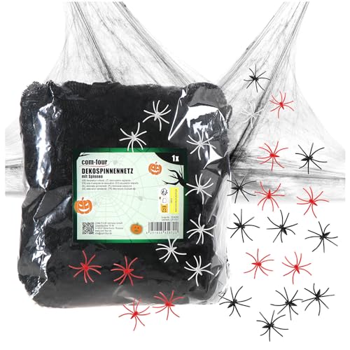 com-four® 200g Deko-Spinnennetz mit 24 Spinnen - gruseliges schwarzes Spinnengewebe - Spinnweben als Deko für Halloween, Fasching und Horrorpartys von com-four