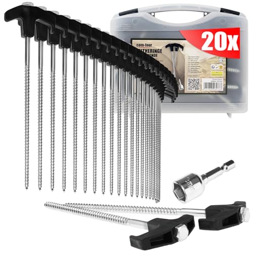 com-four® 20x Zelt-Heringe aus Stahl mit Adapter für Akkuschrauber - Schraubheringe in Transportbox - robuste Erdnägel mit Gewinde für Camping und Outdoor - Zeltpflöcke ideal für harten Boden von com-four