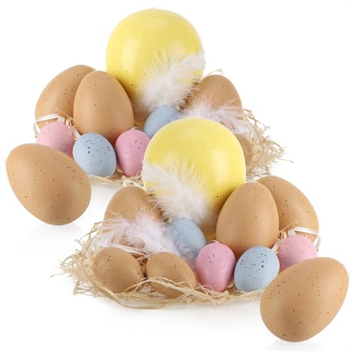 com-four® 22-teiliges Ostereier-Set - Deko-Ostereier in 3 Größen zum Anhängen - bunte Hängedeko für Ostern - Dekoration für Strauch und Osterkorb mit Federn und Stroh (22 Stück - Gelb/Rosa/Blau/Beige) von com-four