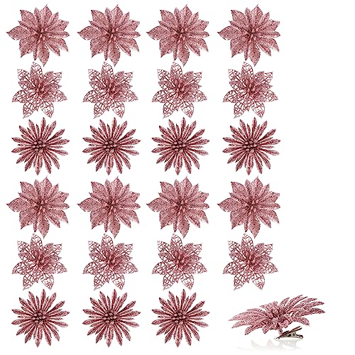 com-four® 24x Deko-Blume mit Clip - glitzernde Blüte zum Anklemmen - Blumenanstecker als Raumdeko für Weihnachten und Valentinstag - [Auswahl variiert] von com-four