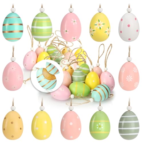 com-four® 24x Ostereier zum Aufhängen - Osterdeko aus Holz in tollen Farben - Deko Ostereier mit schönen Mustern von com-four
