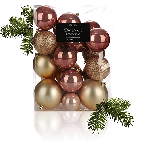 com-four® 26-teiliges Set Weihnachtskugeln - Christbaumkugeln aus bruchsicherem Kunststoff für Weihnachten - Baumschmuck für den Christbaum - Christbaumschmuck (rosa/violett/goldfarben) von com-four