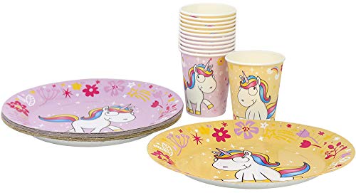 com-four® 28-teiliges Party Geschirr Set Unicorn mit Einhorn Motiven für 12 Personen, Pappteller und Pappbecher für Kinder, Geburtstag und andere Partys (28-teilig gelb/rosa) von com-four