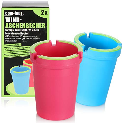 com-four® 2X Aschenbecher für draußen - Windaschenbecher - Sturmaschenbecher mit leuchtendem Deckel - Autoaschenbecher, Ø 8 cm (2 Stück - rot blau) von com-four