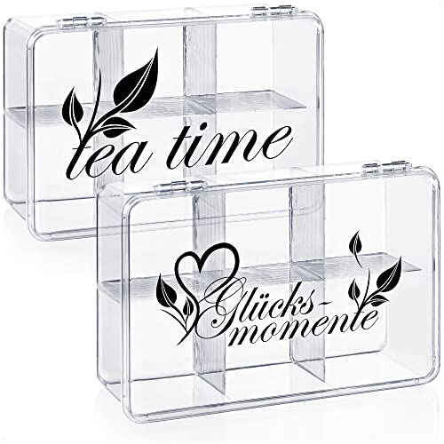com-four® 2x Aufbewahrungsbox für Tee und Teebeutel - Teebox aus transparentem Kunststoff mit 6 Fächern - Teekiste zur Teeaufbewahrung (2 Stück - Glücksmomente & Teatime) von com-four