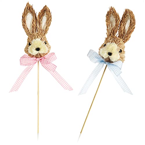 com-four® 2X Blumenstecker im Hasen-Design - Osterhasen-Dekostecker - niedliche Hasenköpfe mit Schleife - Steckdeko für Blumentopf und Beet - Häschen-Pflanzstab - Osterdekoration - Hasenpaar von com-four