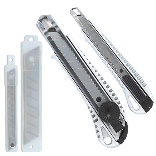 com-four® 2x Cuttermesser mit Ersatzklingen - Teppichmesser mit Aluminiumgriff - Tapetenmesser in 2 Größen - Kartonmesser mit Abbrech-Klingen - scharfe Bastelmesser - Rigipsmesser (Alu - 2 Stück) von com-four