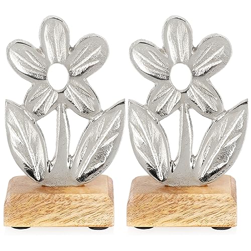 com-four® 2X Deko-Aufsteller Blume - Premium Metall-Blume auf Holz-Sockel - Deko-Blume aus Metall zum Hinstellen und Verschenken (2 Stück - Blume 4) von com-four