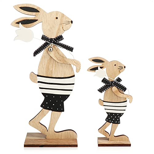 com-four® 2X Deko Aufsteller für Ostern - Großer und Kleiner Osterhase mit Blume - Osterdeko zum Hinstellen - Osterdekoration aus Holz (2 Stück - braun/weiß) von com-four