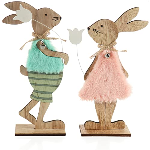 com-four® 2X Deko-Aufsteller für Ostern - Osterhasen-Paar mit Blume - Osterhasen zum Hinstellen - Osterdekoration aus Holz - rosa/blau (2 Stück - rosa/Hellbraun) von com-four