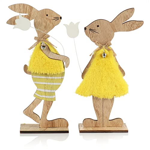 com-four® 2X Deko Aufsteller für Ostern - Hasen-Paar mit Blume - Osterhasen zum Hinstellen - Osterdekoration aus Holz mit Kunstfell (2 Stück - gelb/Hellbraun) von com-four