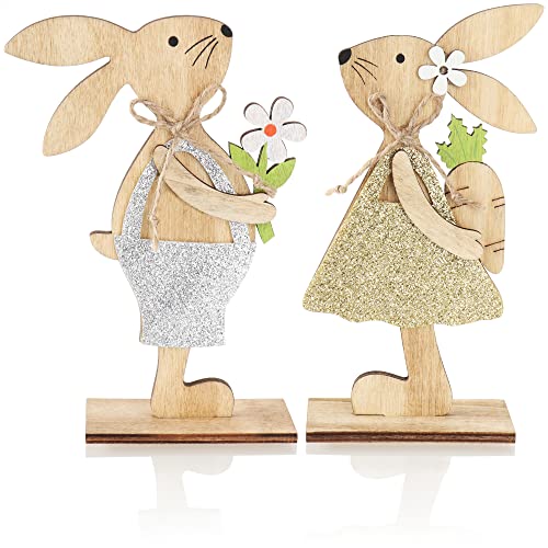 com-four® 2X Deko-Aufsteller für Ostern - Osterhasen mit Blume und Karotte aus Holz - Hasen zum Hinstellen - Osterdekoration aus Holz (2 Stück - orange/gelb) von com-four