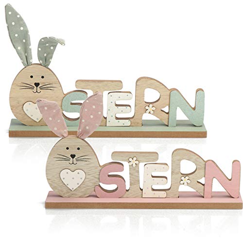 com-four® 2X Deko Aufsteller für Ostern - Schriftzug mit Osterhasen - Osterdeko zum Hinstellen - Osterdekoration aus Holz (02 Stück - rosa/grün) von com-four