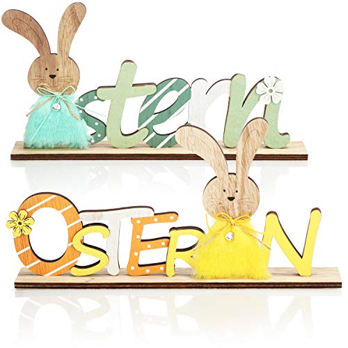 com-four® 2X Deko Aufsteller für Ostern - Schriftzug mit Osterhasen - Osterdeko zum Hinstellen - Osterdekoration aus Holz (02 Stück - türkis/gelb) von com-four