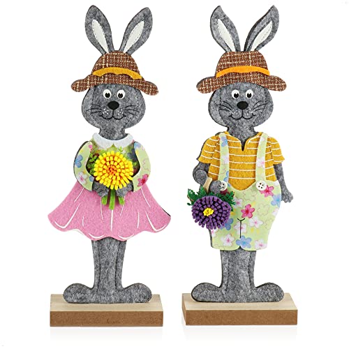 com-four® 2X Deko Aufsteller für Ostern und Frühling - niedliches Hasen-Paar - Bunte Deko-Figuren - Filz-Osterhasen als Wohnraumdekoration mit Holzfuß (2 Stück - bunt 30cm) von com-four