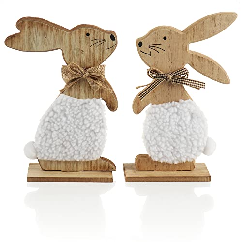 com-four® 2X Deko-Hase aus Holz - Aufsteller für Ostern - Hasen-Paar mit Schleife - Osterdekoration aus Holz zum Hinstellen - Deko-Holzaufsteller (2 Stück - Hase mit Pelz) von com-four