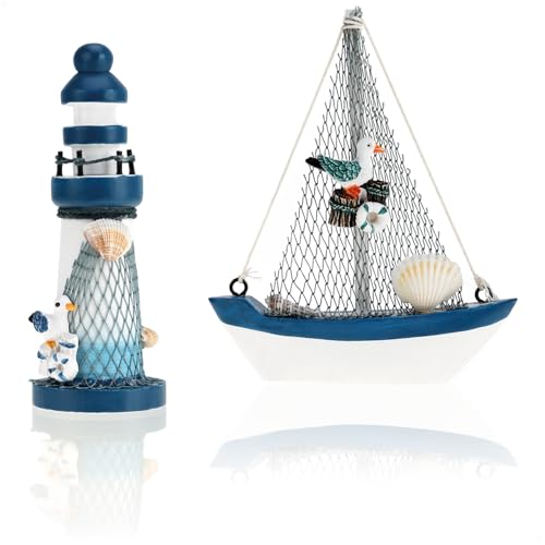 com-four® 2X Deko Leuchttürme aus Holz für Bad und Wohnbereich - Maritimes Leuchtturm Deko-Set – Kleine Leuchttürme im Used-Look (blau/weiß - 2X Stück Leuchtturm) von com-four