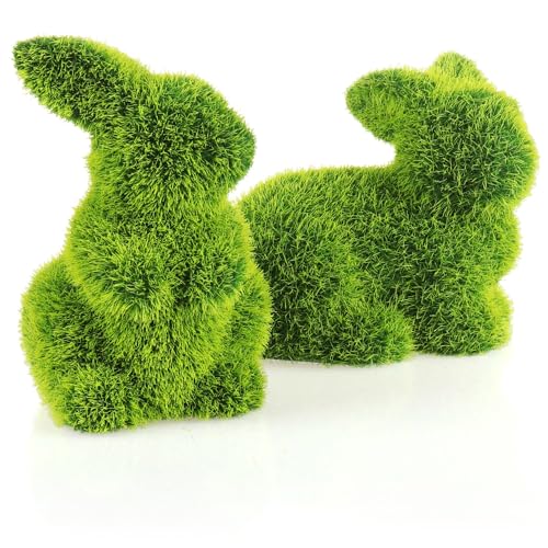 com-four® 2X Dekofigur - Osterhase - grüne Hasenfigur aus Keramik - kunstvoll gefertigte Dekofiguren für Frühling und Ostern - Hasenpaar mit Kunst-Gras überzogen - Osterdeko (2 x Hase-11 cm) von com-four