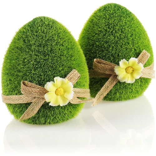 com-four® 2X Dekofigur - Osterei mit Schleife und Blumen - grüne Deko-Figuren für Frühling und Ostern - Keramik-Eier mit Kunst-Gras überzogen - Osterdeko (2 x Ei - 11cm) von com-four