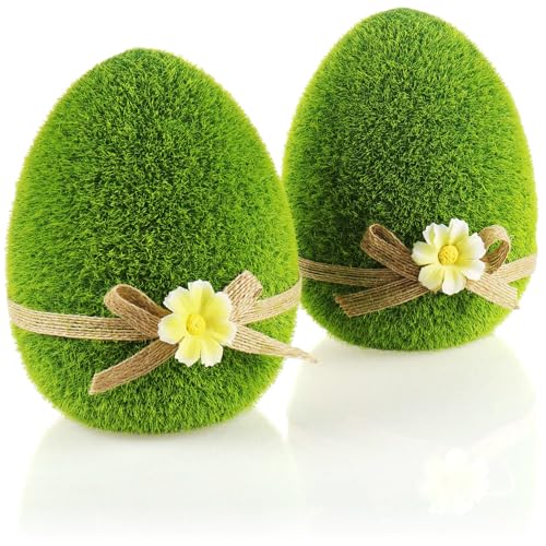 com-four® 2X Dekofigur - Osterei mit Schleife und Blumen - grüne Deko-Figuren für Frühling und Ostern - Keramik-Eier mit Kunst-Gras überzogen - Osterdeko (2 x Ei - 15cm) von com-four