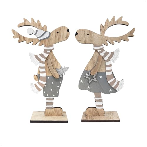 com-four® 2X Dekorativer Aufsteller für Weihnachten - Rentier aus Holz zum Hinstellen - Christmas Aufsteller zum Dekorieren und Verschenken (XL Rentier - blau + Silber) von com-four