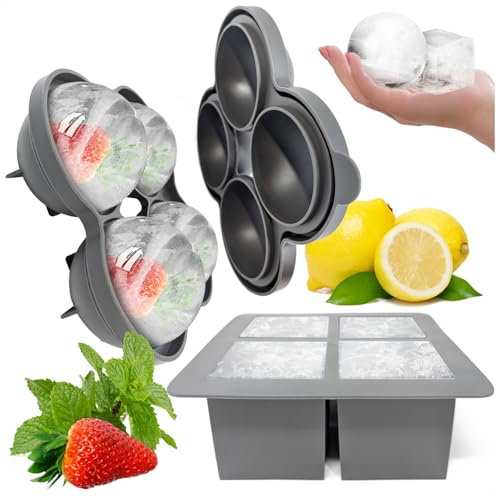 com-four® 2X Eiswürfelform XL - Eisform rund und eckig - Eiswürfelbereiter aus Silikon für 4 große Eiskugeln und 4 große Würfel - Ice Cube Tray - Eiswürfelschale (2 Stück - Kugel/Würfel XL) von com-four