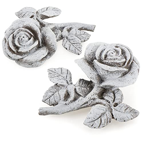 com-four® 2X Grabdekoration Rose - Gedenkstein in Form Einer Rosenblüte mit Blättern und Stengel - wetterfester Grabschmuck - Trauerstein (1 Paar - Rosen) von com-four