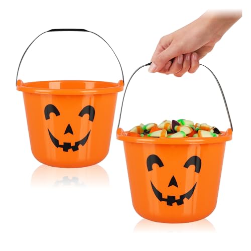 com-four® 2X Halloween Kürbis Eimer - Kunststoff-Eimer im Kürbis-Design zum Sammeln von Süßigkeiten - Sammel-Tasche mit Henkel für Halloween von com-four