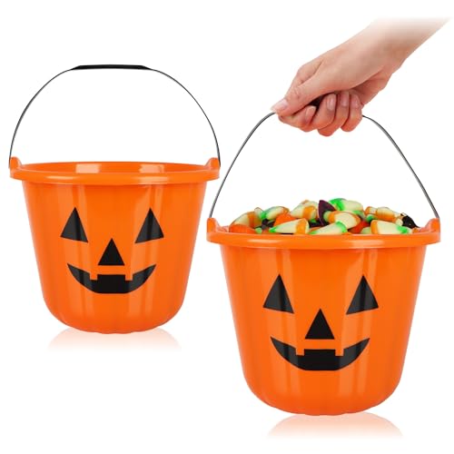 com-four® 2X Halloween Kürbis Eimer XL - Kunststoff-Eimer im Kürbis-Design zum Sammeln von Süßigkeiten - Sammel-Tasche mit Henkel für Halloween von com-four