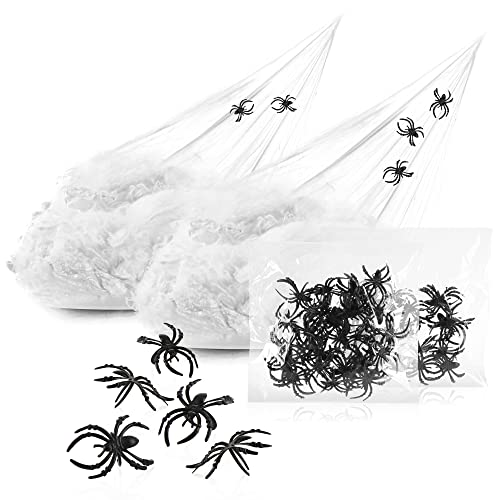 com-four® 66-teiliges Deko-Set für Halloween - 260g dehnbares Spinnennetz mit 64 schwarzen Spinnen - gruseliges weißes Spinnengewebe als Dekoration für Halloween, Fasching, Horror- oder Mottopartys von com-four