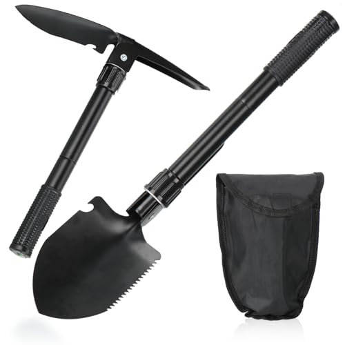 com-four® 2X Klappschaufel mit langem Griff - Mini-Klappspaten mit verlängertem Griff für bessere Hebelwirkung - Schaufel mit Flaschenöffner, Kleiner Säge und Spitzhacke (2X schwarz - 41 cm) von com-four