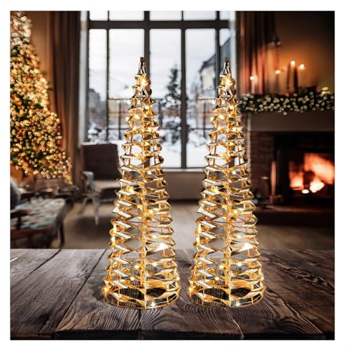 com-four® 2x LED-Pyramide mit Timer - 40 cm Lichterkegel - Deko Leuchtpyramide mit 30 warmweißen LEDs - Innen-Beleuchtung für Weihnachten (2 Stück - Goldfarben - Kegel 40cm) von com-four