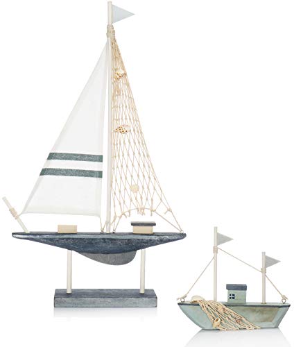 com-four® 2X Maritimes Deko Segelschiff aus Holz in verschiedenen Größen - Dekoratives Holzboot mit Mittelmeer-Flair - Deko für Badezimmer [Farbauswahl variiert!] (02 Stück - Dekoschiff Mix) von com-four
