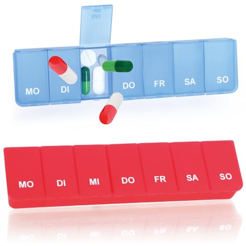 com-four® 2x Medikamentendosierer - Medikamenten-Box für 7 Tage - Pillendose - Tablettendose - Tablettenbox - Wochendosierer zur Aufbewahrung (02 Stück - blau/rot) von com-four