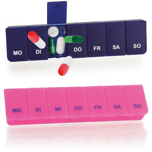 com-four® 2x Medikamentendosierer - Medikamenten-Box für 7 Tage - Pillendose - Tablettendose - Tablettenbox - Wochendosierer zur Aufbewahrung (02 Stück - pink/marineblau) von com-four