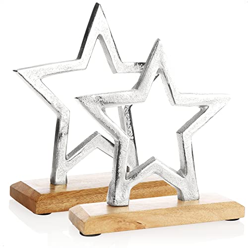 com-four® 2X Premium Deko-Aufsteller Stern - Stern-Statue aus vernickeltem Aluminium auf Sockel aus Mangoholz - Deko-Stern zum Hinstellen - tolle Sterndeko (silberfarben - Sterne-Mix) von com-four