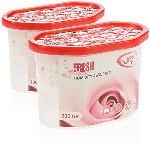 com-four® 2X Raumentfeuchter mit Duft - Luftentfeuchter ohne Strom - Innenraumentfeuchter gegen Dampf, Schimmel und Kondensation (02 Stück - 230g - Rose) von com-four