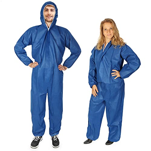 com-four® 2X Schutz-Anzug One-Size in blau mit Kapuze und Reißverschluss - dreilagiger Maler-Overall für eine Körpergröße von 160 bis 200 cm - Schutzkleidung zum Malern und Renovieren von com-four