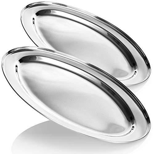 com-four® 2X Serviertablett aus Edelstahl - Tablett oval zum Servieren und Dekorieren - Edelstahl Servierplatte für Hochzeit, Geburtstag, Familiefest (45x29cm - 2 Stück) von com-four