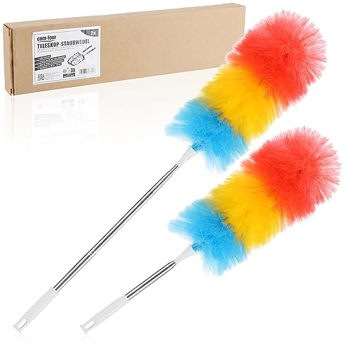 com-four® 2X Staubwedel mit Teleskopstiel - Staubwischer extra lang und ausziehbar - Spinnweben-Besen in bunten Farben - Teleskopstaubwedel (02 Stück - Regenbogen - lang) von com-four