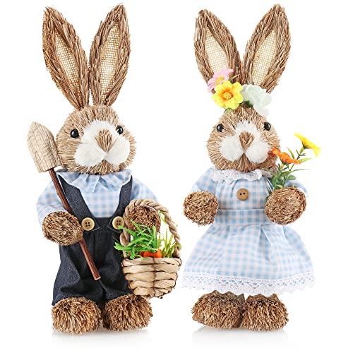 com-four® 2X Stroh Osterhase handgemacht - Deko-Osterhase zur Osterdekoration - Strohfiguren für Ostern - Deko-Hase aus Stroh - handgefertigte Hasen (02 Stück - blau/weiß kariert) von com-four