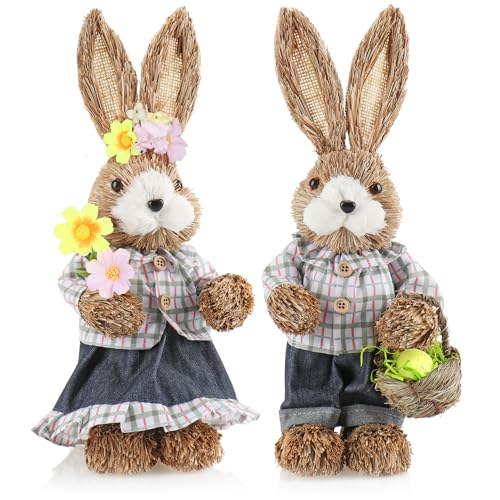 com-four® 2X Stroh Osterhase handgemacht - Deko-Osterhase zur Osterdekoration - Strohfiguren für Ostern - Deko-Hase aus Stroh - handgefertigte Hasen (02 Stück - weiß/rot/grün kariert) von com-four