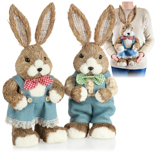 com-four® 2X XL Stroh Osterhase handgemacht - 42 cm Deko-Osterhase zur Osterdekoration - Strohfiguren für Ostern - Deko-Hase aus Stroh - handgefertigte Hasen - Hasenfiguren (02 Stück 42cm Frau+Mann) von com-four