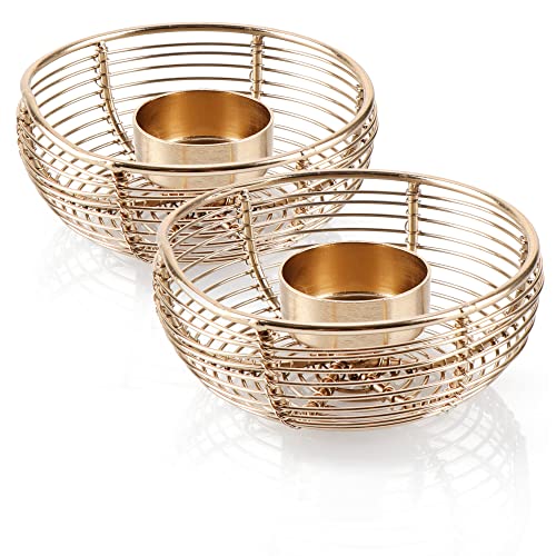 com-four® 2X Teelichthalter aus Metall - dekorativer Kerzenständer - Draht-Windlicht - Kerzenhalter als Raumdekoration - Wohnaccessoire - Korb-Kerzenleuchte (goldfarben - 2 Stück) von com-four