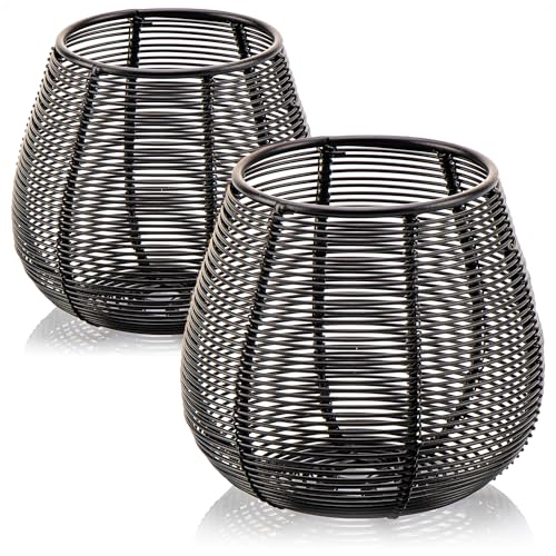 com-four® 2X Teelichthalter aus Metall - dekorativer Kerzenständer - Draht-Windlicht - Kerzenhalter als Raumdekoration - Wohnaccessoire - Korb-Kerzenleuchte (schwarz - 2 Stück - L) von com-four