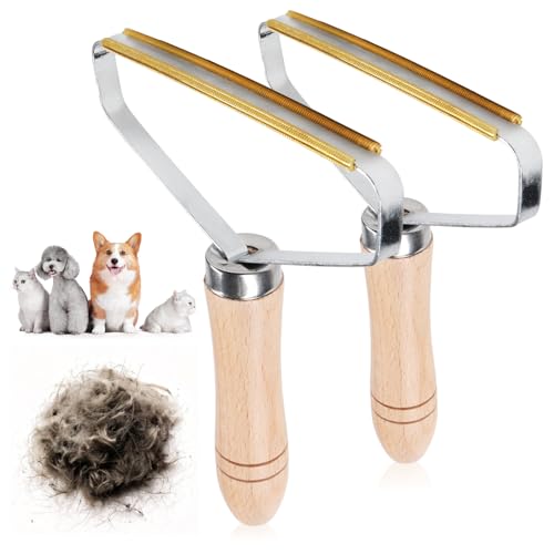 com-four® 2X Tierhaarentferner - Reinigungsbürsten mit Holz-Griff - Hunde- und Katzenhaarentferner für Teppiche, Autositze, robuste Textilien - Tierhaarrakel (2 Stück - silberfarben/beige/goldfarben) von com-four
