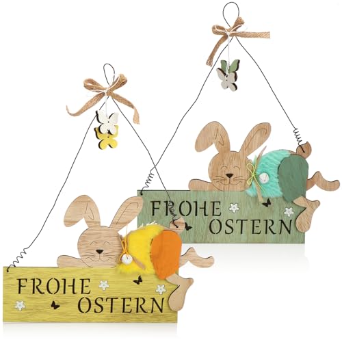 com-four® 2x Türschild "FROHE OSTERN" - Deko-Schild aus Holz für Ostern - Osterdeko mit Osterhase - Hänge-Deko für Haustüren, Wände, Fenster (rosa/grün - 02 Stück) von com-four