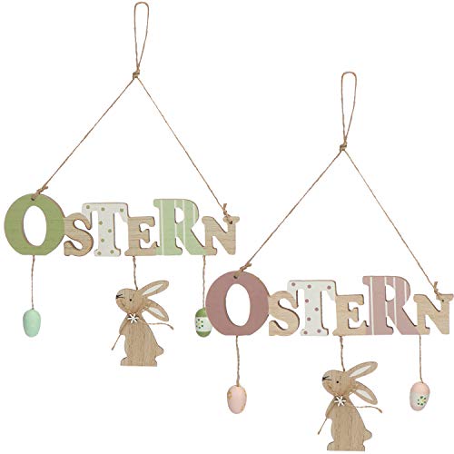 COM-FOUR® 2x Türschild "Ostern" - Deko-Schild aus Holz für Ostern - Osterdeko mit Hasen und Ostereier - Zum Aufhängen an Haustüren, Wände, Fenster (grün/rosa - 2 Stück) von com-four